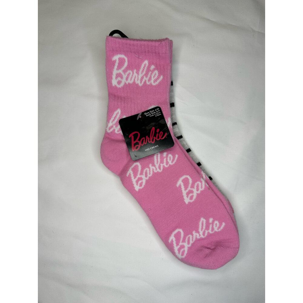 Barbie Pink & Striped Mid-Crew Socks (2 Pairs) Size 4-10 Shoe, 9-11 Sock